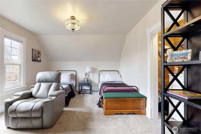 carpeted bedroom featuring lofted ceiling