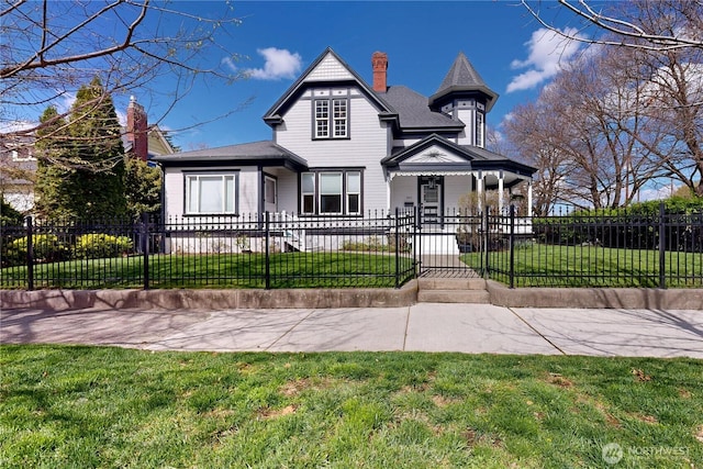 victorian home with a chimney, a fenced front yard, and a front yard