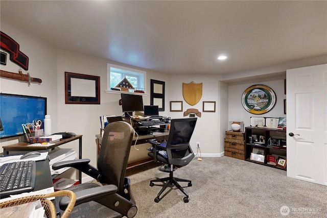 office with carpet floors, baseboards, and recessed lighting