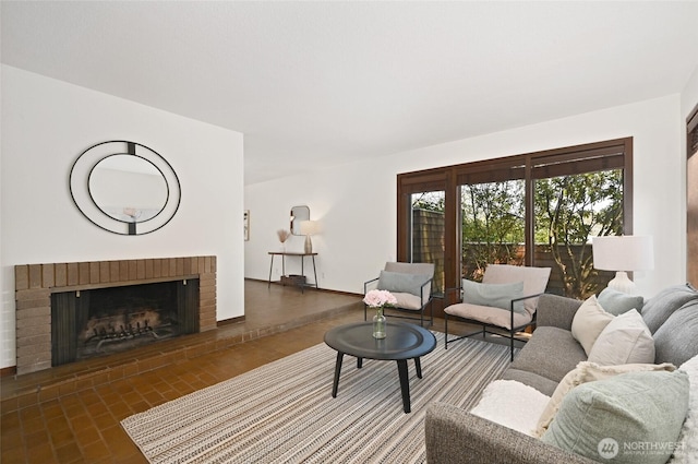 2312 W Crockett St, Seattle, WA 98199 - living area featuring baseboards and a brick fireplace