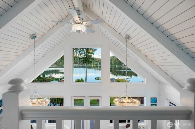 details with ceiling fan with notable chandelier, beam ceiling, wooden ceiling, and a water view