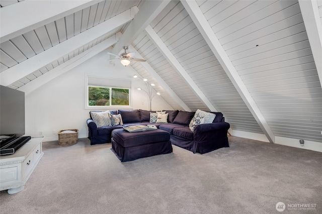 living room with carpet floors, vaulted ceiling with beams, wooden ceiling, and a ceiling fan
