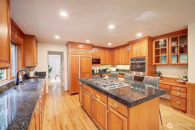 kitchen with light wood-type flooring, built in appliances, a center island, and a sink