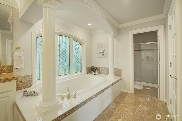 bathroom featuring a bath, crown molding, ornate columns, marble finish floor, and a stall shower