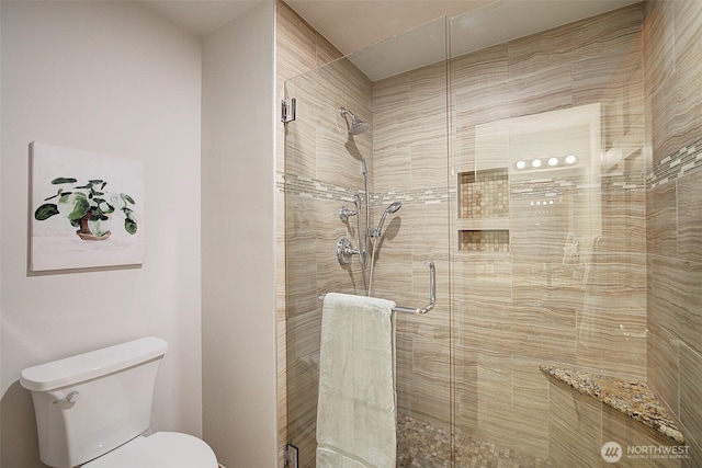 full bathroom featuring a stall shower and toilet