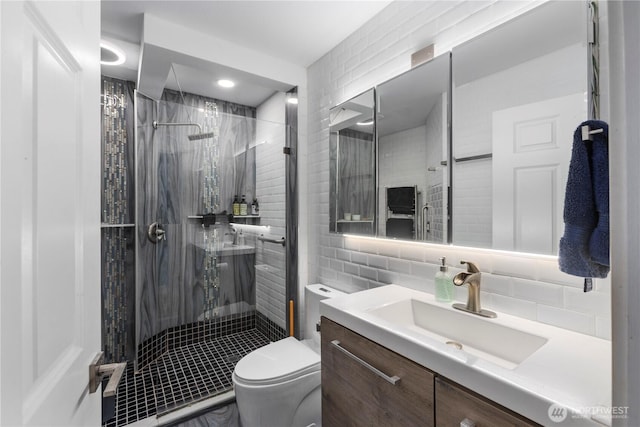 full bath featuring a stall shower, backsplash, toilet, and vanity