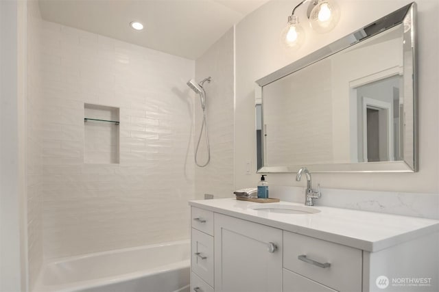 full bath with shower / washtub combination, recessed lighting, and vanity