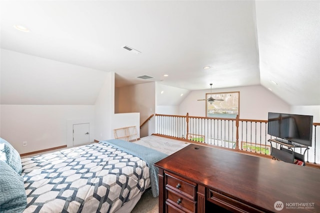 carpeted bedroom featuring lofted ceiling, baseboards, visible vents, and recessed lighting