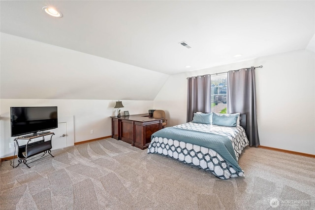 carpeted bedroom with visible vents, baseboards, recessed lighting, and vaulted ceiling