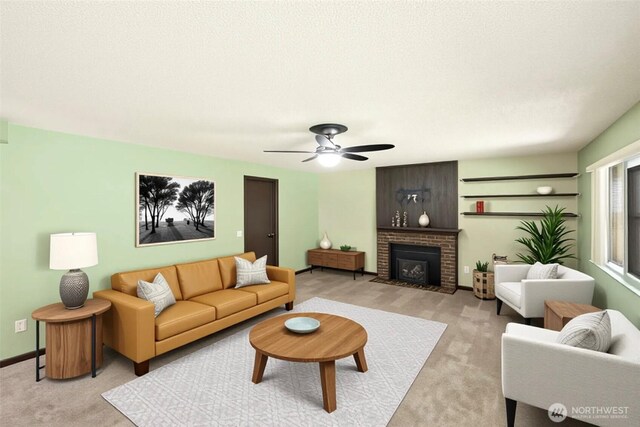 4524 Carnaby St, Kent, WA 98032 - living room featuring light colored carpet, a ceiling fan, and a brick fireplace