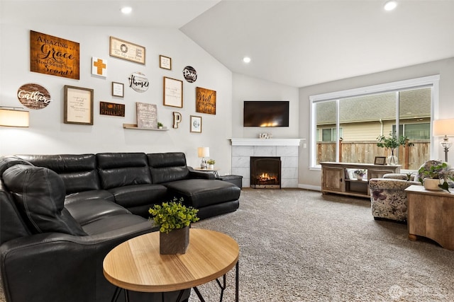 6620 165th Street Ct E, Puyallup, WA 98375 - living room featuring carpet flooring, lofted ceiling, recessed lighting, and a fireplace