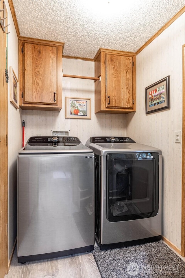 161 N Dow Mountain Rd, Hoodsport, WA 98548 - laundry room with washing machine and dryer, crown molding, cabinet space, and a textured ceiling