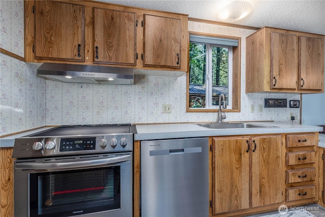 161 N Dow Mountain Rd, Hoodsport, WA 98548 - kitchen featuring wallpapered walls, a sink, stainless steel appliances, and under cabinet range hood