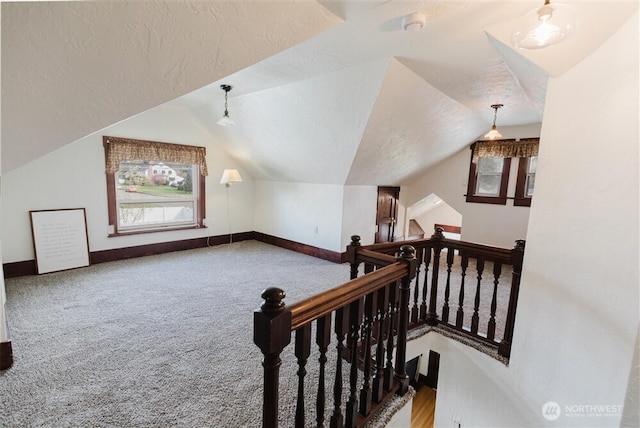 additional living space with baseboards, lofted ceiling, carpet flooring, and a textured ceiling