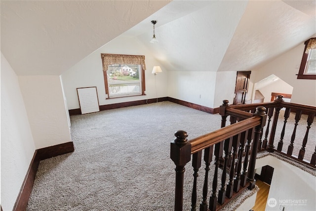 additional living space with baseboards, a textured ceiling, vaulted ceiling, and carpet