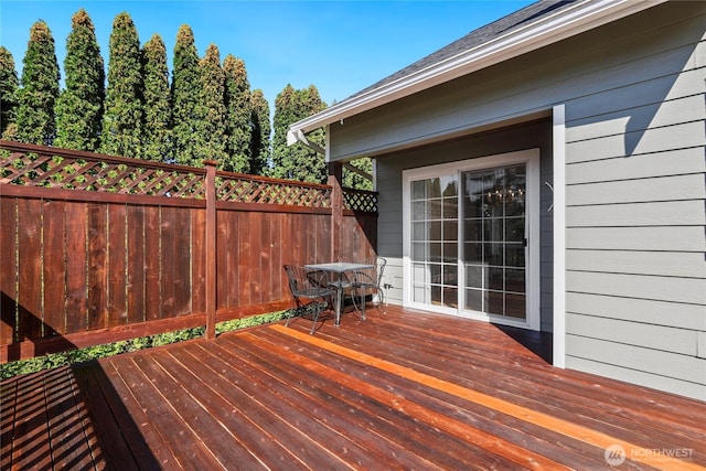 wooden terrace featuring fence