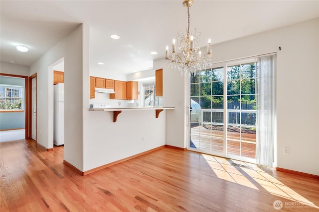 kitchen featuring a kitchen breakfast bar, an inviting chandelier, under cabinet range hood, light wood-style floors, and freestanding refrigerator