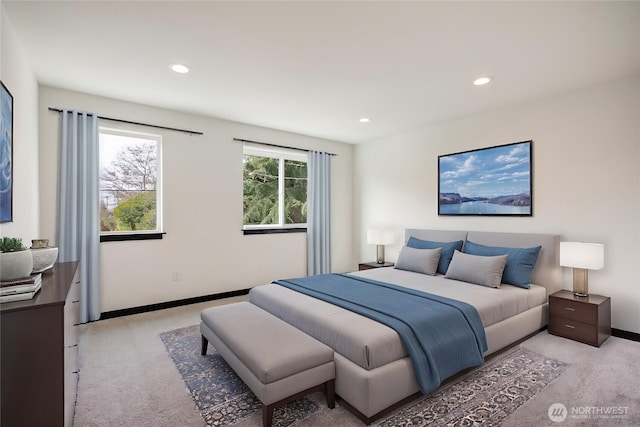 bedroom featuring light colored carpet, recessed lighting, and baseboards