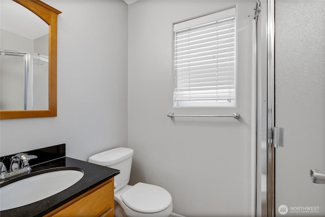 bathroom featuring toilet, vanity, and a stall shower