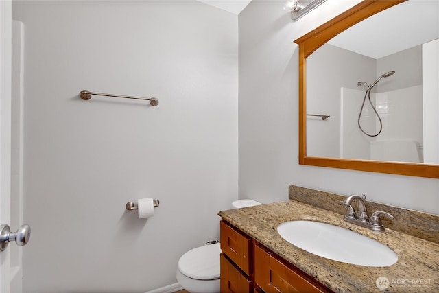full bathroom featuring toilet, walk in shower, and vanity