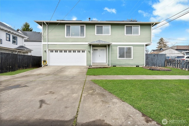 traditional-style house with a front yard, an attached garage, fence, and concrete driveway