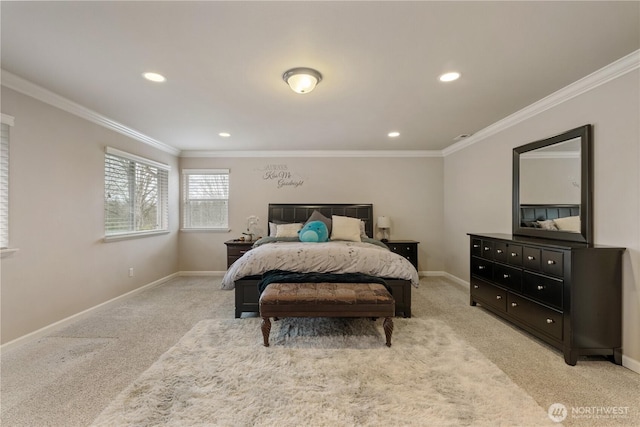 bedroom with baseboards, light colored carpet, and ornamental molding