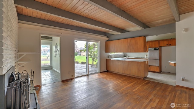 kitchen with brown cabinets, wood finished floors, beam ceiling, and a peninsula