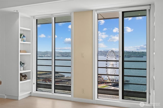 entryway featuring light wood-style floors, a water view, and expansive windows