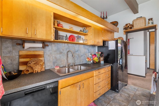 9716 Hunter Point Rd NW, Olympia, WA 98502 - kitchen featuring black appliances, a sink, open shelves, decorative backsplash, and beamed ceiling