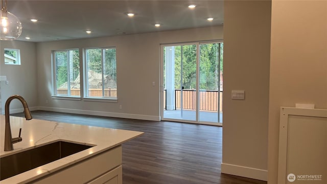 6406 213th Avenue Ct E, Bonney Lake, WA 98391 - kitchen featuring a sink, light stone counters, dark wood-style floors, baseboards, and open floor plan