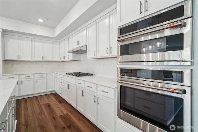 6406 213th Avenue Ct E, Bonney Lake, WA 98391 - kitchen with stainless steel appliances, white cabinets, light stone counters, dark wood-style flooring, and recessed lighting