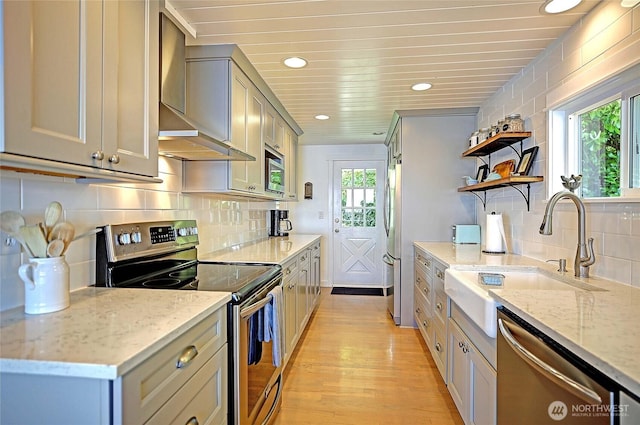 987 Cavalero Rd, Camano Island, WA 98282 - kitchen featuring recessed lighting, a sink, stainless steel appliances, open shelves, and backsplash