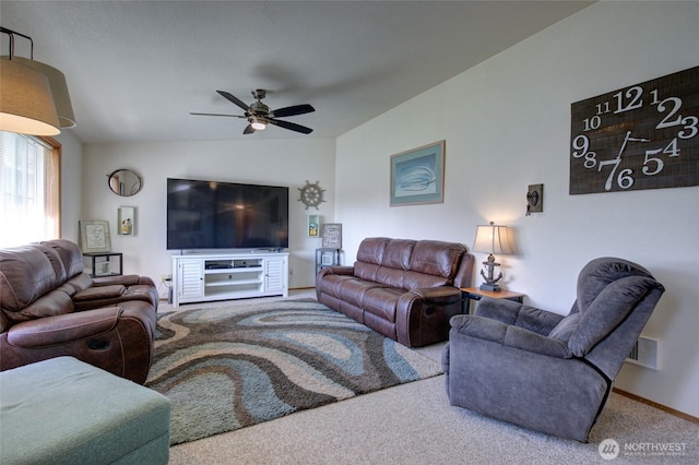 192 Canal Dr NE, Ocean Shores, WA 98569 - carpeted living room with vaulted ceiling and ceiling fan