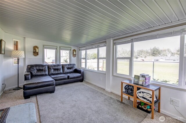 192 Canal Dr NE, Ocean Shores, WA 98569 - living room featuring carpet floors, baseboards, and vaulted ceiling
