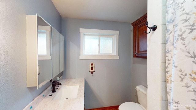 full bath featuring a shower with curtain, toilet, and vanity