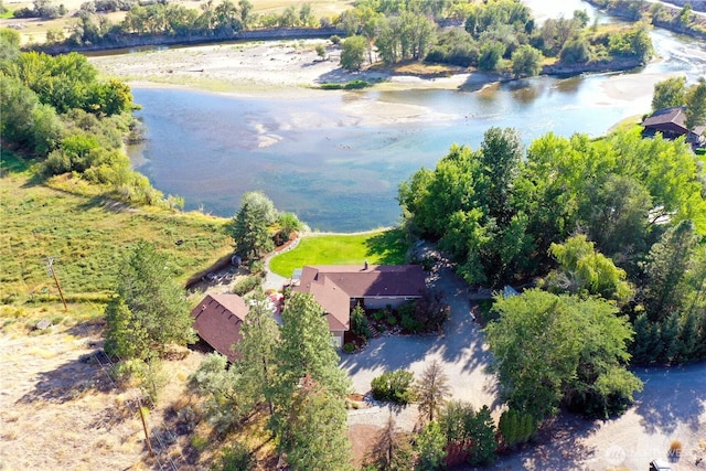 drone / aerial view featuring a water view