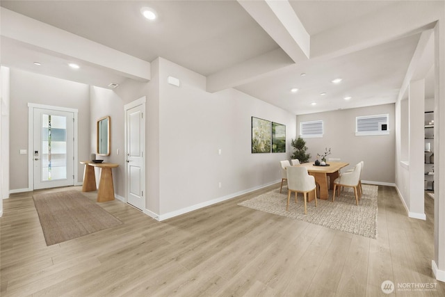 16226 SE 133rd Pl Unit 104, Renton, WA 98059 - dining room with light wood-style flooring, recessed lighting, baseboards, and beam ceiling