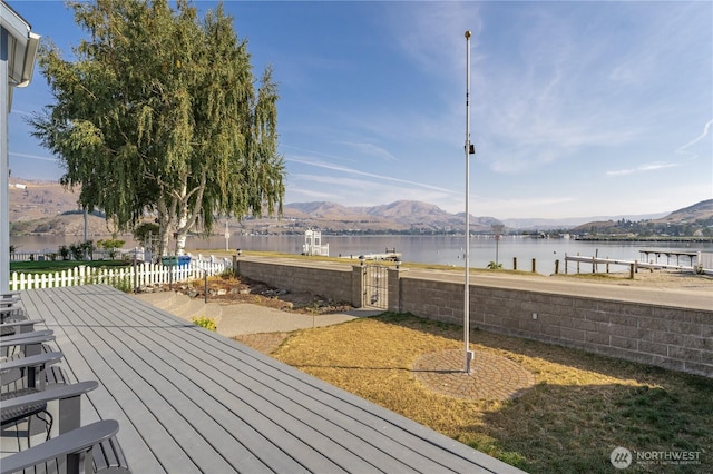 117 Water St, Chelan, WA 98816 - wooden terrace featuring fence and a water and mountain view