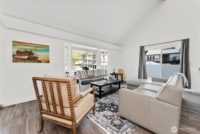 117 Water St, Chelan, WA 98816 - living room with wood finished floors, baseboards, and vaulted ceiling