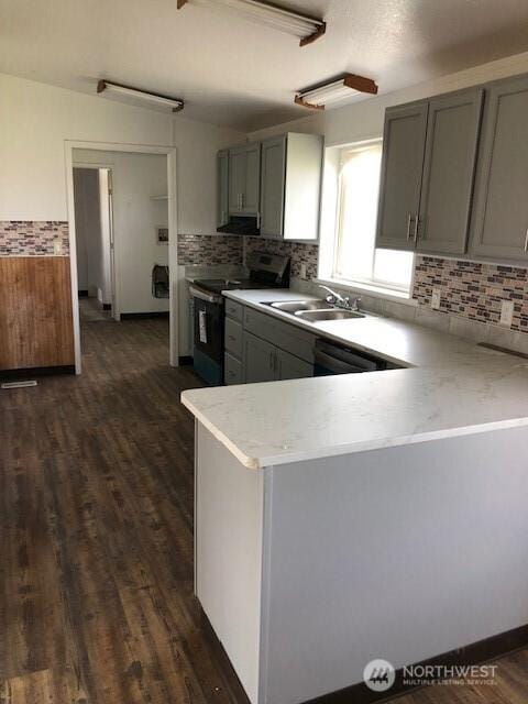kitchen featuring a sink, gray cabinets, range with electric stovetop, and tasteful backsplash