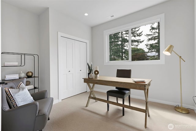 office space with baseboards, visible vents, recessed lighting, and carpet