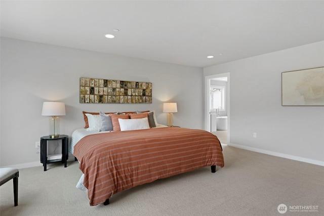 carpeted bedroom featuring baseboards, connected bathroom, and recessed lighting