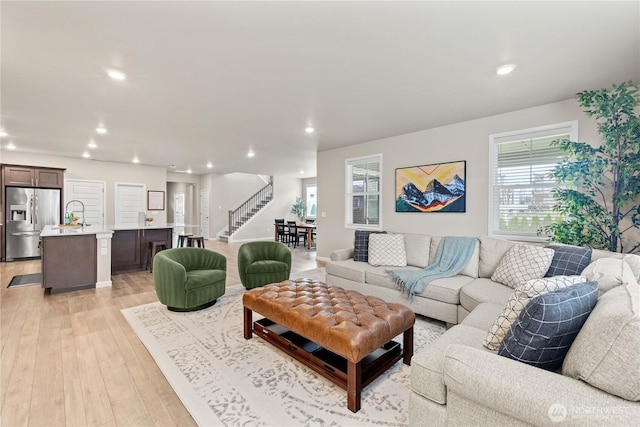 22819 SE Fir St, Black Diamond, WA 98010 - living area with light wood-style flooring, recessed lighting, and stairway
