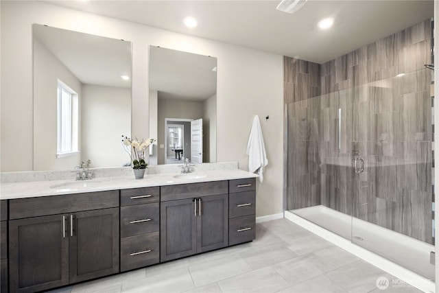22819 SE Fir St, Black Diamond, WA 98010 - bathroom with a shower stall, recessed lighting, double vanity, and a sink