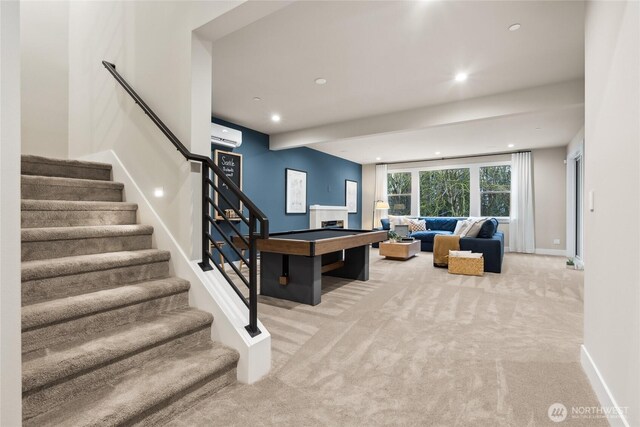 16306 SE 133rd Pl Unit 105, Renton, WA 98059 - living area with an AC wall unit, carpet, stairway, and recessed lighting