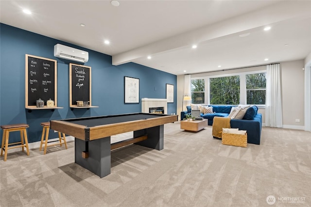 16306 SE 133rd Pl Unit 105, Renton, WA 98059 - game room featuring an AC wall unit, carpet floors, beam ceiling, a glass covered fireplace, and recessed lighting