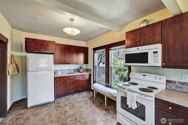 250 SE Andrews St, Issaquah, WA 98027 - kitchen featuring white appliances, light countertops, beam ceiling, decorative light fixtures, and reddish brown cabinets