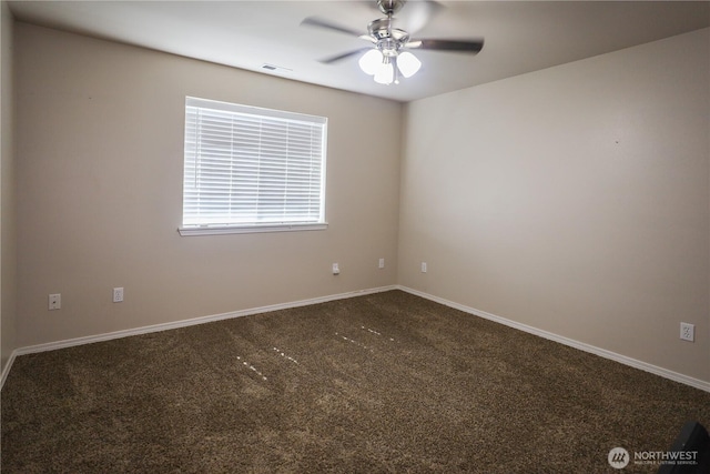 204 Brant Ln, Hoquiam, WA 98550 - spare room featuring baseboards, visible vents, carpet flooring, and a ceiling fan