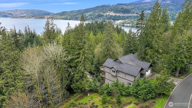 aerial view featuring a wooded view and a water and mountain view
