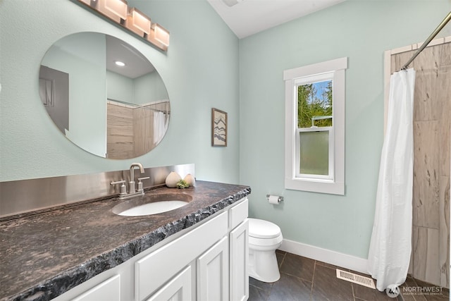 full bathroom with a shower with shower curtain, vanity, baseboards, tile patterned floors, and toilet